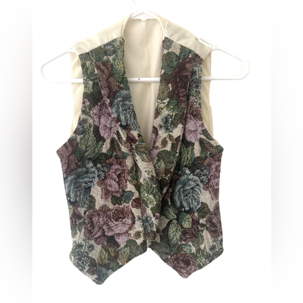 Floral Tapestry V-Neck Vintage Vest in Green and Mauve size xs